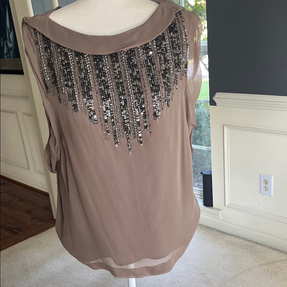 French Connection Taupe Sleeveless Blouse with Sequin Fringe